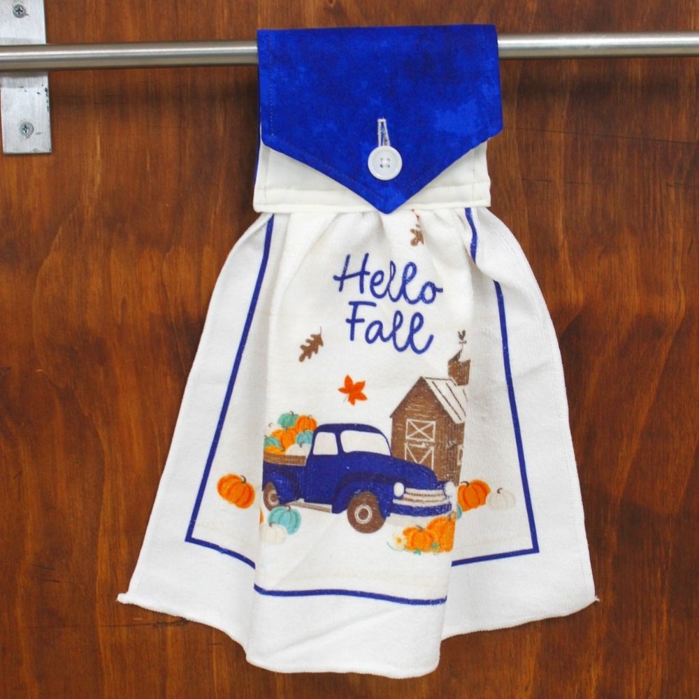 HELLO FALL  TOWEL TRUCK ROYAL BLUE & IVORY AUTUMN PRINT HANDMADE HANGING KITCHEN